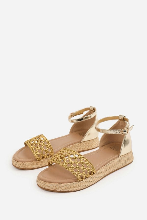 Where's That From Shia Braided Strap Espadrille Flatform  With Buckle Ankle Strap in Gold Metallic