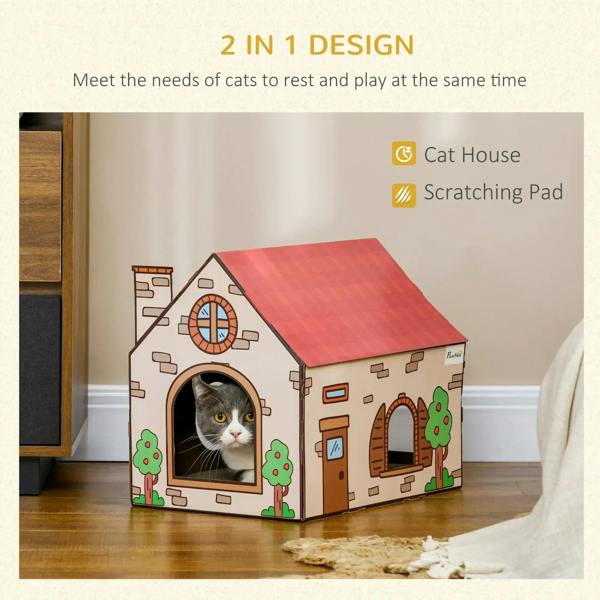 Cardboard cat house with red roof and arched entry, gray cat resting inside