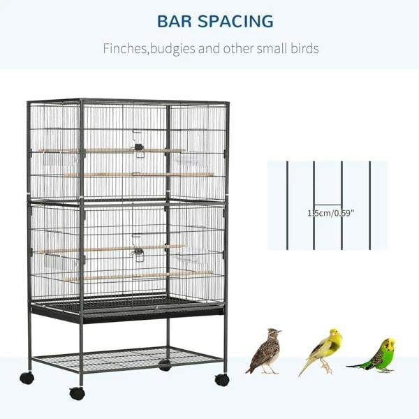 Dark grey bird cage for small birds with rolling stand and narrow bar spacing