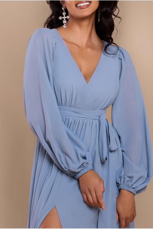 Sustainable Front Split Wrap Style Chiffon Maxi Dress - Airforce Blue DR4314BBS