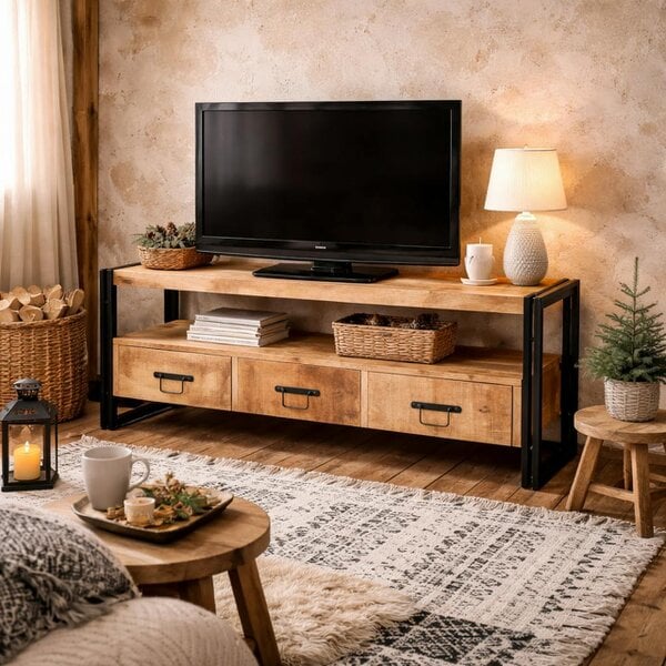 Wyld Haus Toivakka Industrial Reclaimed Wood and Metal TV Unit 3 Drawers
