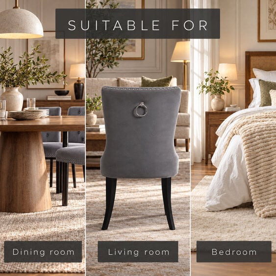 Neo Direct Neo Set of Six Dark Grey Studded Velvet Dining Table Chair with Ring Knocker Detail