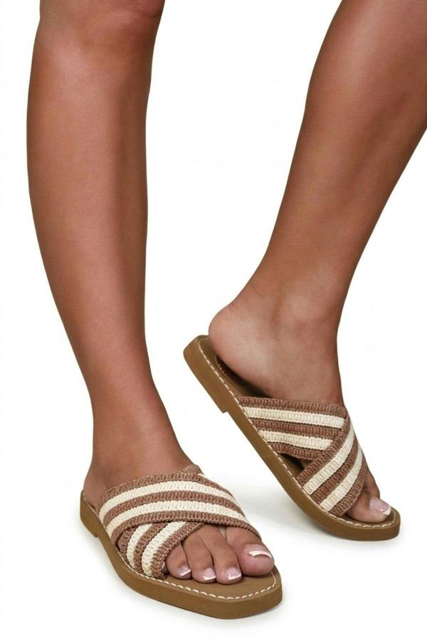 Aubree Striped Cross Over Crochet Strap Flat Sandals - Beige_wb