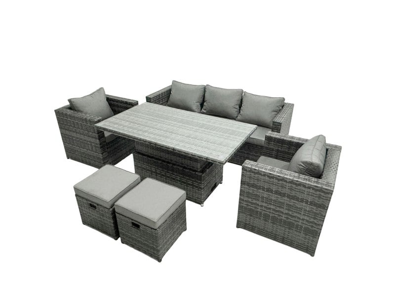 Fimous Rattan Garden Furniture Set Rising Adjustable Lifting Dining Table Lounge Sofa Set With Foostools Dark Grey Mixed