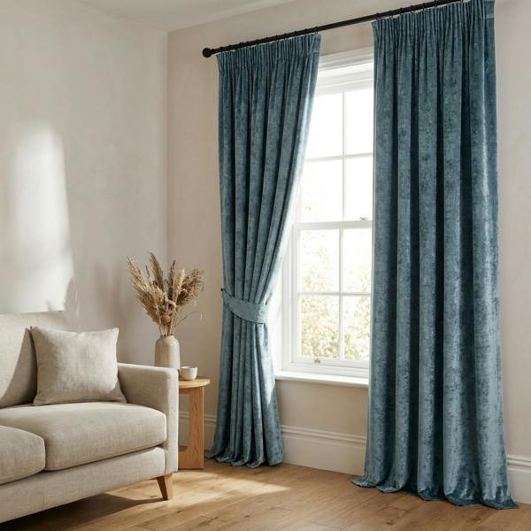 Lustre made-to-measure curtains in Aqua, styled in a living room