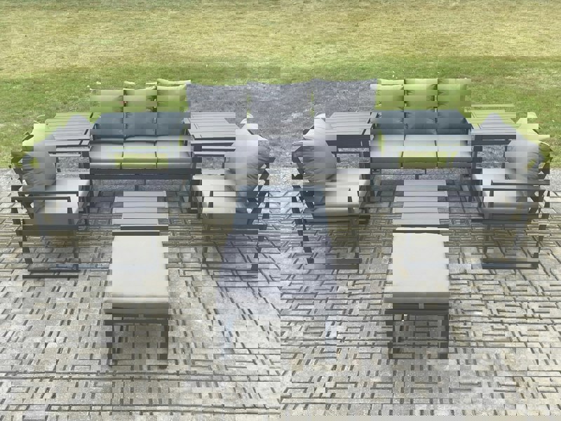 Fimous Aluminium 6 Seater Outdoor Lounge Sofa Set Garden Furniture Sets with Square Coffee Table Chair Big Footstool 2 Side Tables Dark Grey