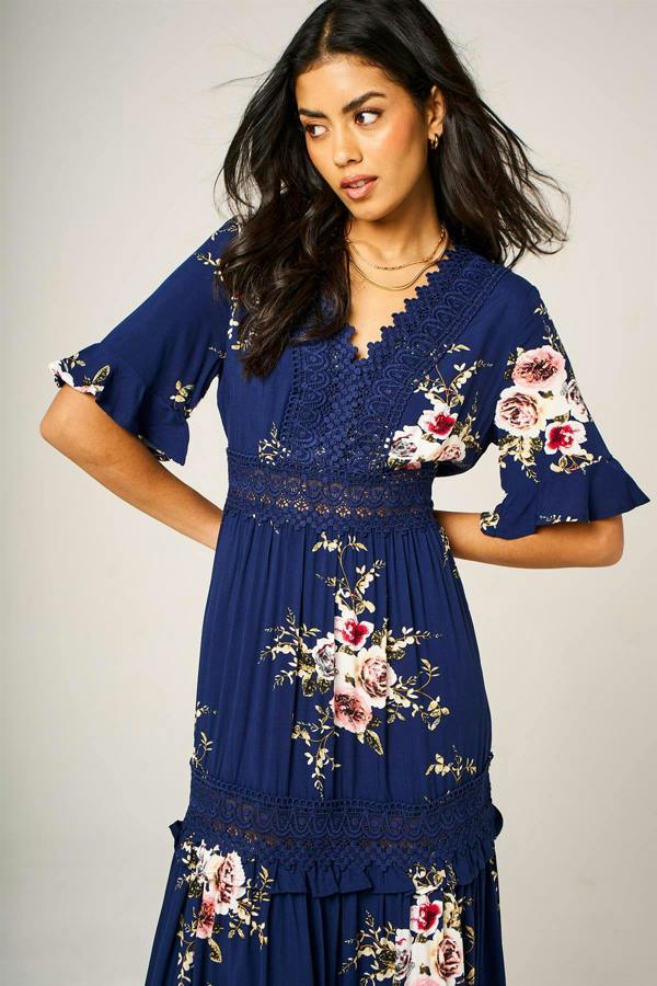 FS Collection Floral Print V Neck Lace Detail Midi Dress In Navy