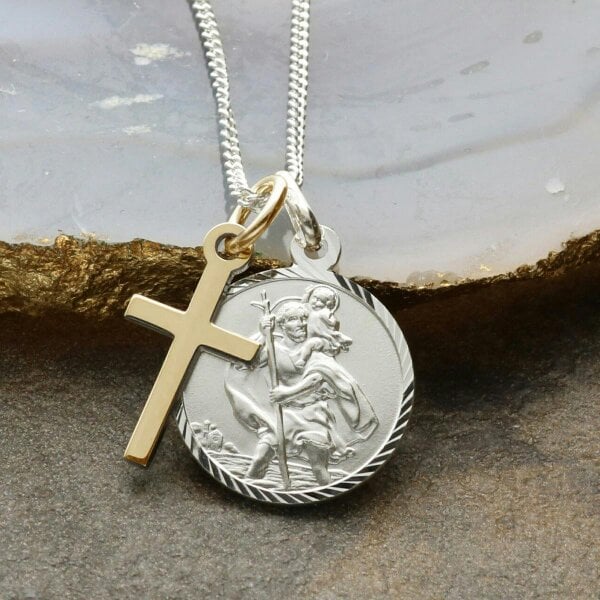 Christopher James of London Sterling Silver Diamond Cut 16mm St Christopher With Cross, Optional Engraving And Chain
