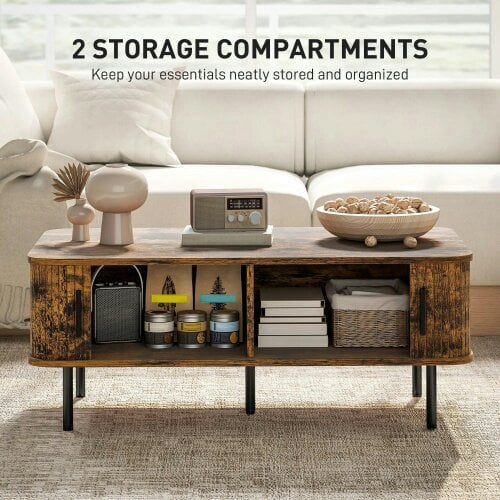 Bobobiy Coffee Table with Storage, Rectangular Coffee Table with Elevated Base, Rustic Brown