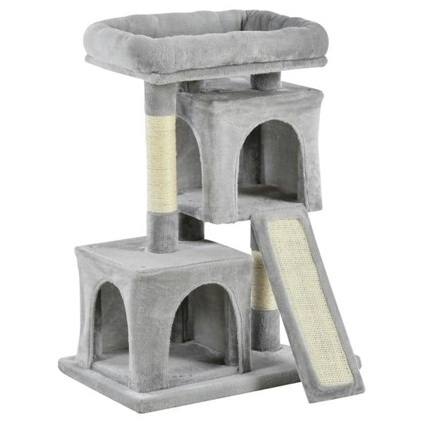 Grey plush cat tree with top perch, two cubby rooms, sisal posts, and angled scratching ramp