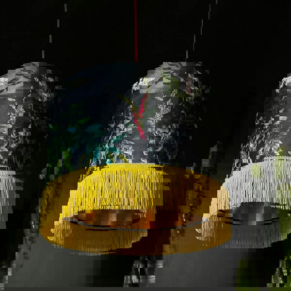 Handmade Fringed Velvet Lampshade with Gold Lining in Carbon Black and Sunshine Yellow Fringing