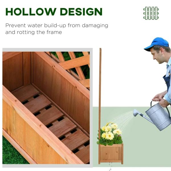 Brown wooden raised planter box with lattice trellis and hollow interior slats