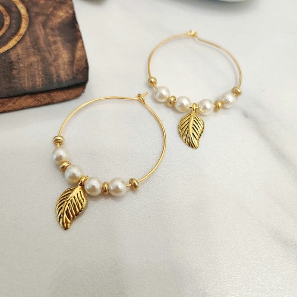 The Colourful Aura Gold Plated 30mm White Beaded Dangle Leaf Charm Huggie DaintyHoop Earring