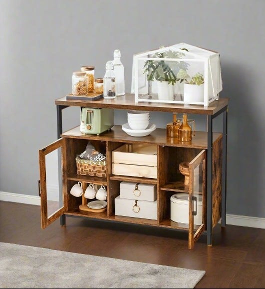 Rustic brown and black sideboard with glass doors and adjustable shelves in modern dining room

