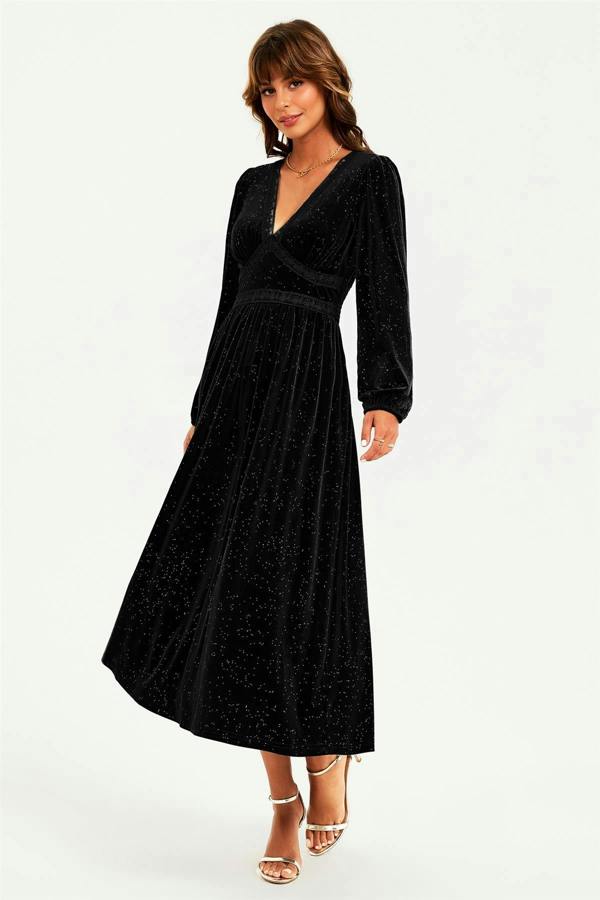 FS Collection Silver Foil Velvet Lace Trim Neckline Midi Dress In Black