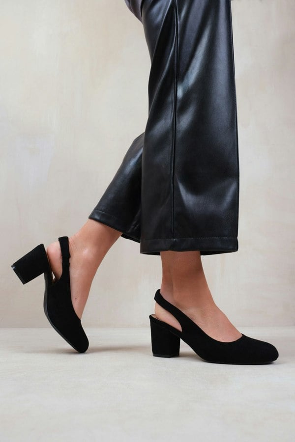 Where's That From Edith Extra Wide Fit Block Heel Slingback Shoes in Black Suede