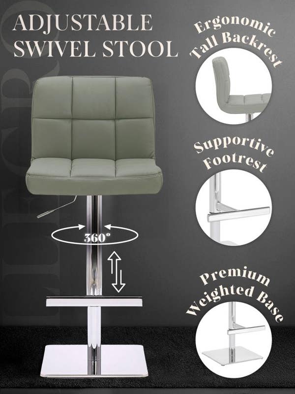 Lamboro Allegro Signature Real Leather Adjustable Swivel Bar Stool with Square Base & Chrome Frame