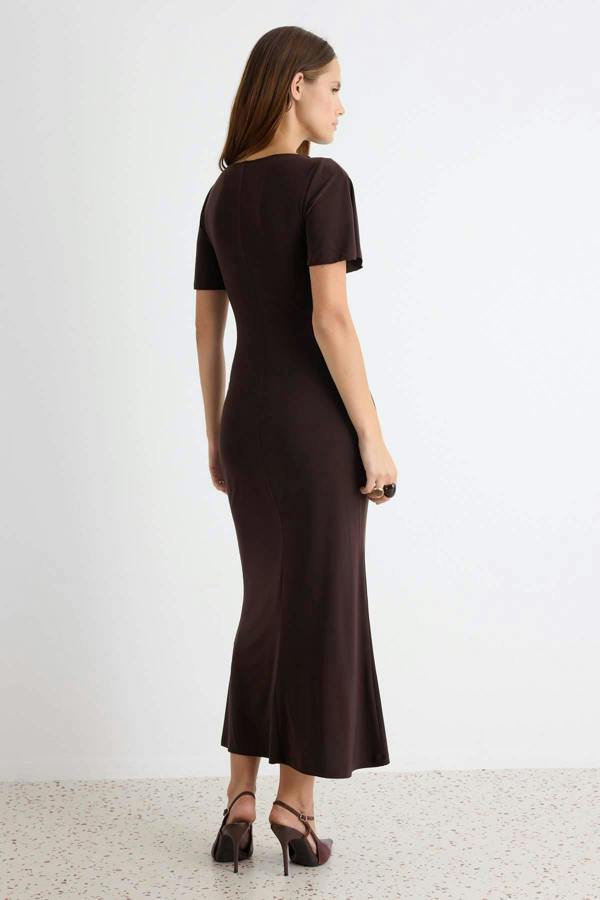 WOVCOR Boat Neck Short Sleeve Ruched Midi Bodycon Dress