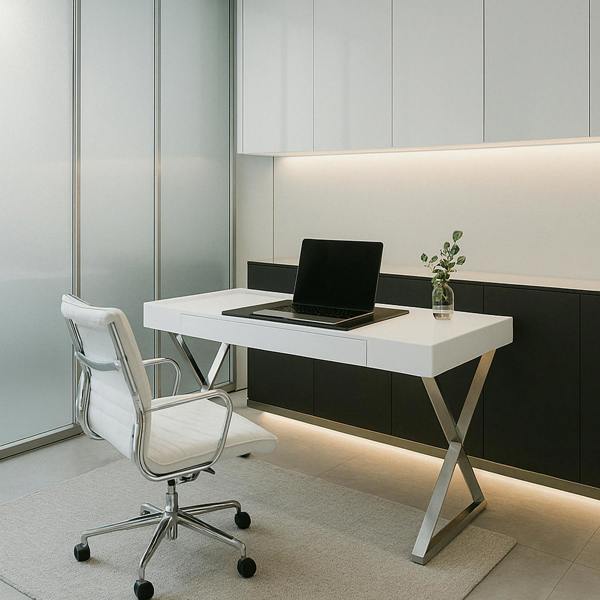 Homeology ADONIS Gloss White and Chrome Ergonomic Home Office Luxury Workstation Desk