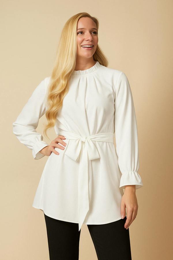 Hoxton Gal Oversized Ruffle Neck Top with Tie Waist Detailed in White