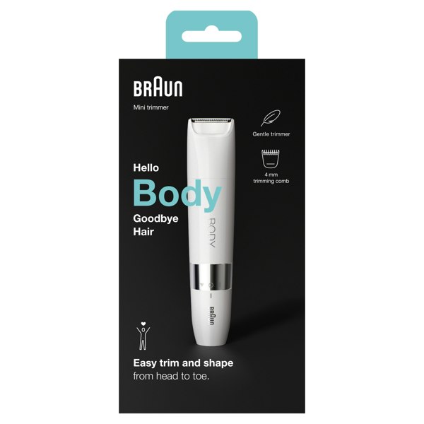 Braun Body Mini Trimmer BS1000, Electric Body Hair Removal for Women and Men, White