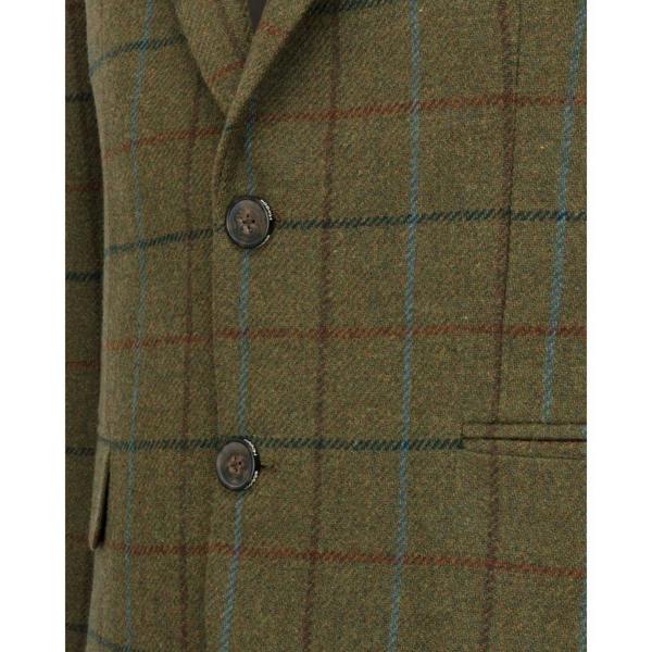 Close-up detail of Hoggs of Fife Kingussie Tweed Sports Jacket showing olive tweed check pattern and branded buttons