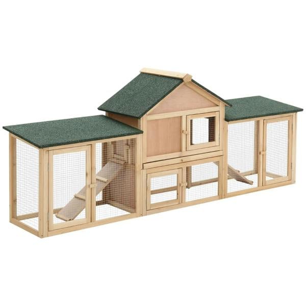 Outdoor 2-storey wooden rabbit hutch with enclosed run, green felt roof and wire panels