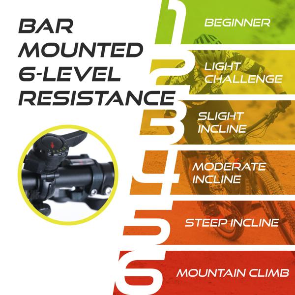 Bar-mounted resistance settings for Velo Pro Black Magnetic Turbo Trainer, showcasing 6 levels from beginner to mountain climb
