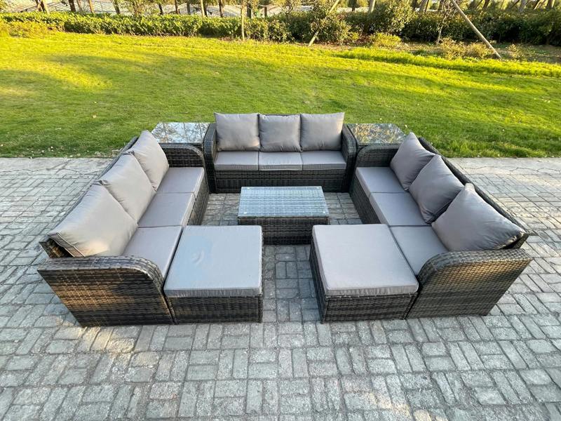 Fimous 11 Seater Outdoor Rattan Set, Garden, Coffee Table, 3 Seater Sofa, 2 Side Tables and 2 Big Footstools, Dark Grey Mixed