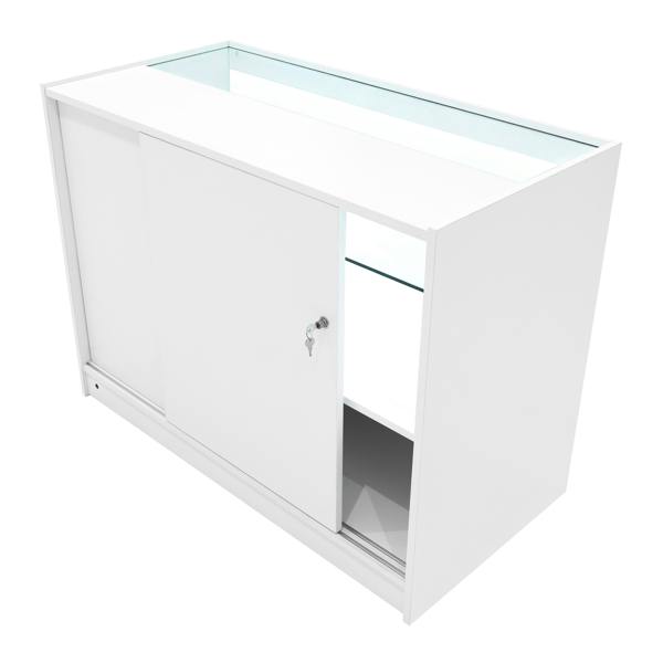 Eclipse LED shop counter set in white, featuring sliding doors, glass display top, and sleek modern design for retail spaces