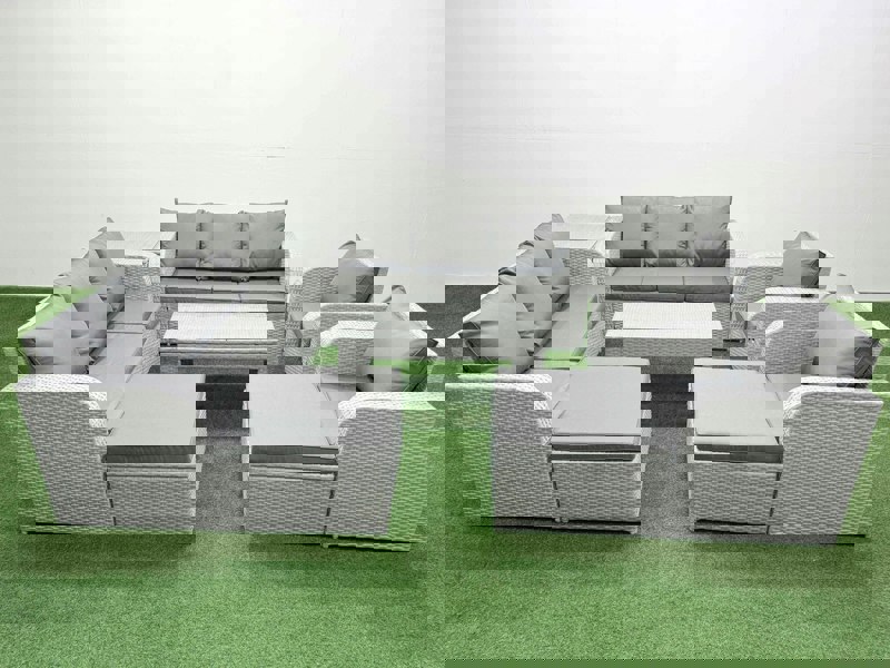 Fimous Light Grey PE Rattan High Back Lounge Set - Oblong Coffee Table, 3-Seater Sofa, Reclining Chair & 2 Big Footstools