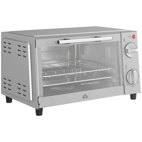 Silver countertop mini oven with glass door and two control knobs, open view inside.