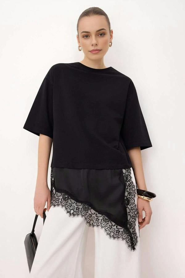 Oversize Asymmetric Lace Detail Short Sleeve T-Shirt