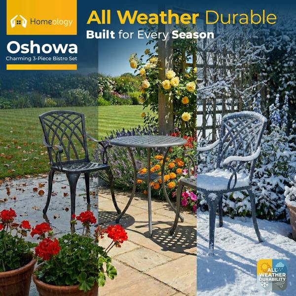 Homeology OSHOWA Grey Aluminium Weatherproof Outdoor Table and 2 Comfortable Chairs with Armrests Bistro Set