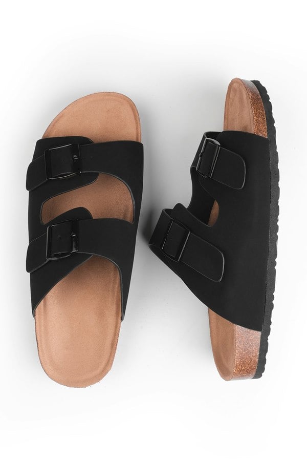 Where's That From Willow Two Strap Flat Sandals With Buckle Detail in Black Nubuck