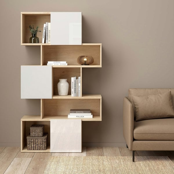 Furniture To Go Maze Asymmetrical Bookcase with 3 Doors in Jackson Hickory and White High Gloss