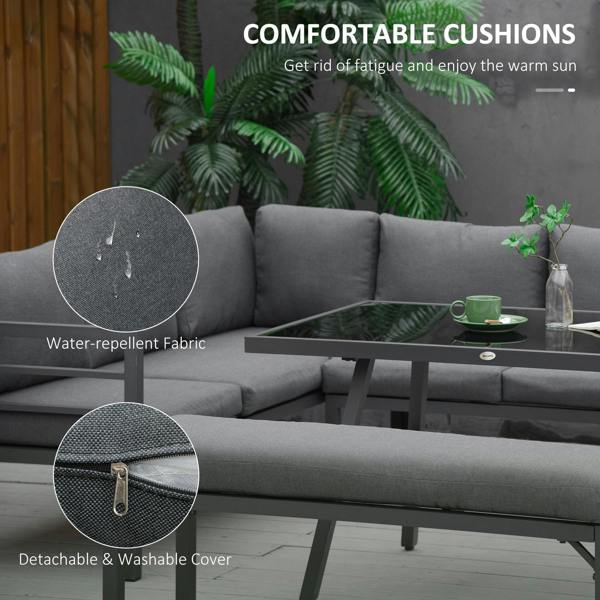 Wyld Haus Rovama 8 Seater L-Shaped Garden Furniture Set with Glass Coffee Table and Bench