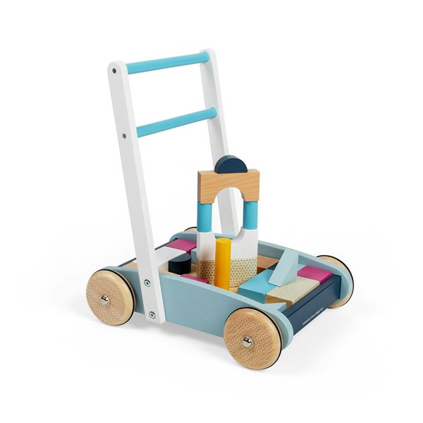 Bigjigs Toys Wooden Baby Walker With 25 Building Blocks - Easy-To-Grip Handlebar