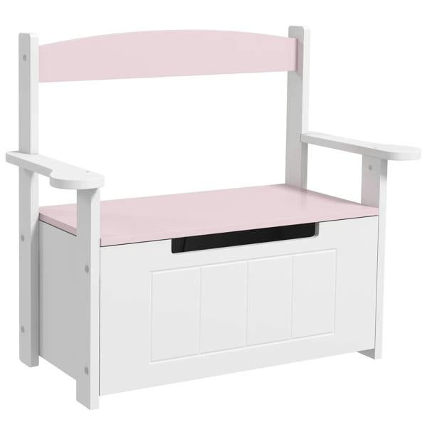 Kids toy box with hinged lid, pink top and white front panels