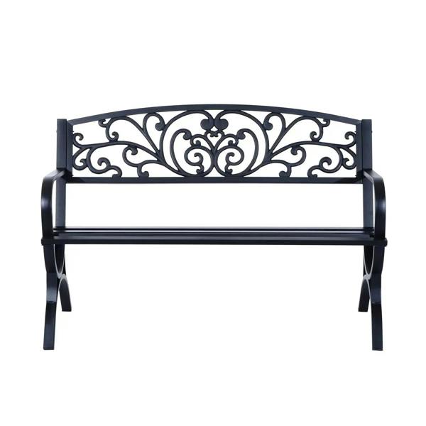 Black powder-coated steel 2-seat garden bench with ornate backrest and straight slat seat