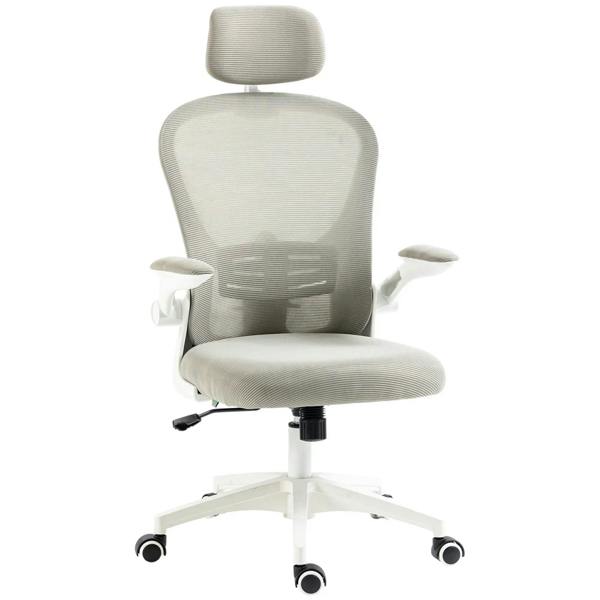 Grey office chair with mesh back, headrest, lumbar support, padded seat, armrests, caster base