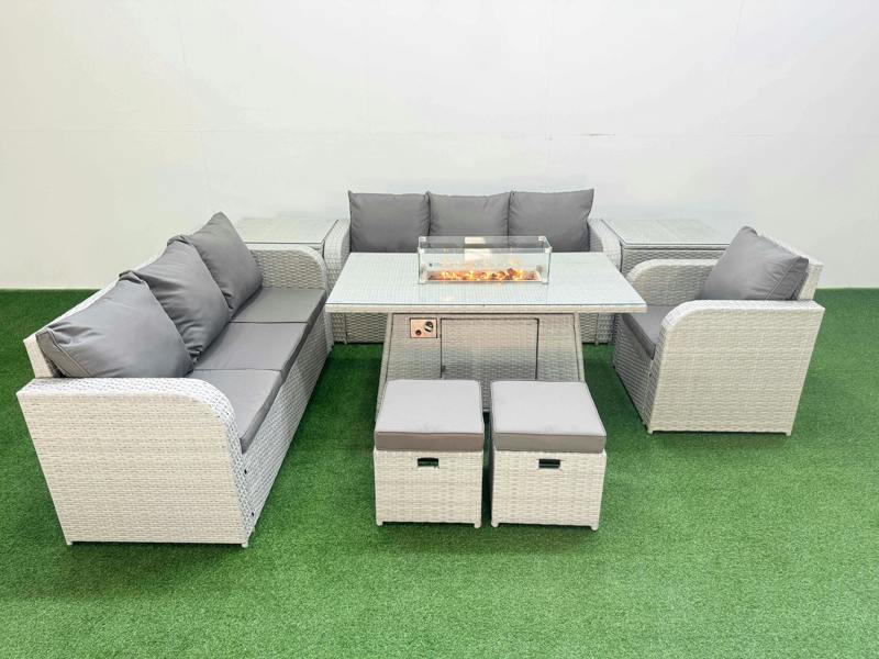 Fimous 9 Seater Poly Rattan Garden Furniture Patio Set, Firepit Table, 3 Seater Sofa, Reclining Chair, 3 Seater Sofa, Stools, 2 Side Table, Light Grey