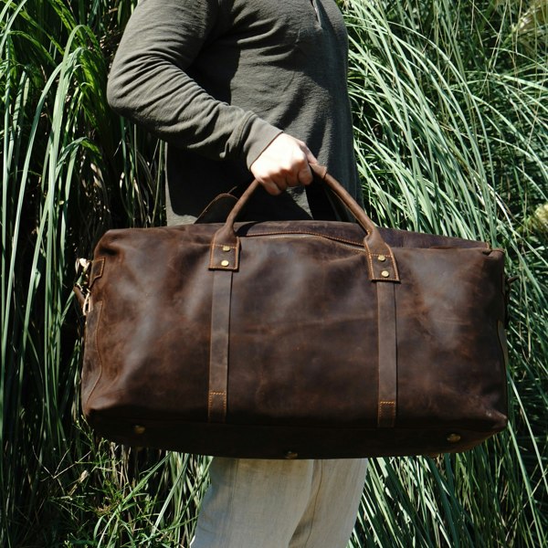 Touribag Genuine Leather Holdall Luggage Bag - Dark Brown