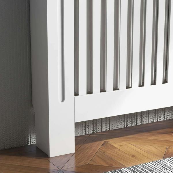 White radiator cover corner with rounded leg posts and vertical slat grill