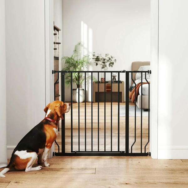 Black pressure-mounted dog safety gate in a hallway entrance with vertical bars