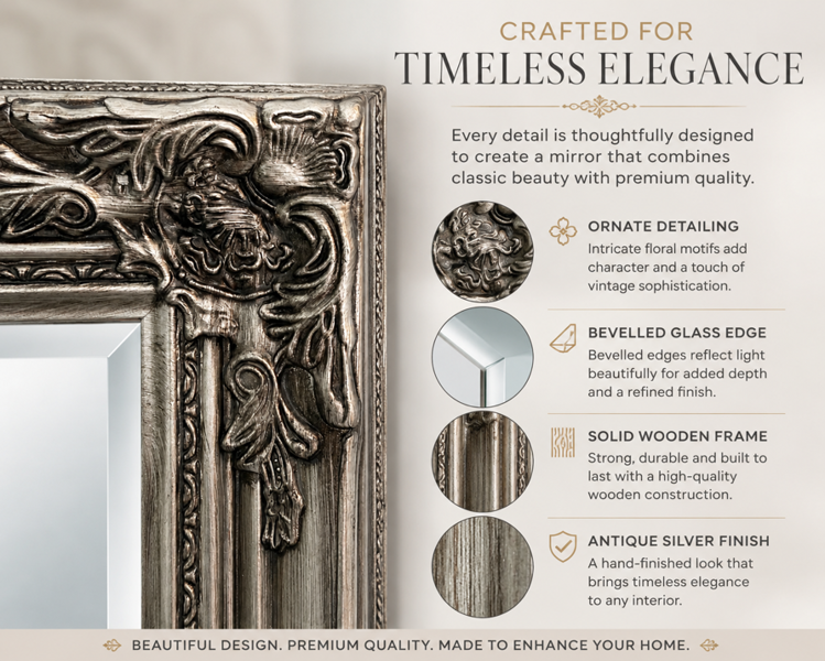 Downton Interiors Antique Silver Tall Ornate Dressing Wall Mirror with Bevelled Glass 142cm