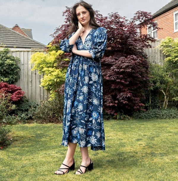 Antonia York Floral Dress - Manon Relaxed Fit Dress with 3/4 Sleeves & Gathered Skirt - Blue