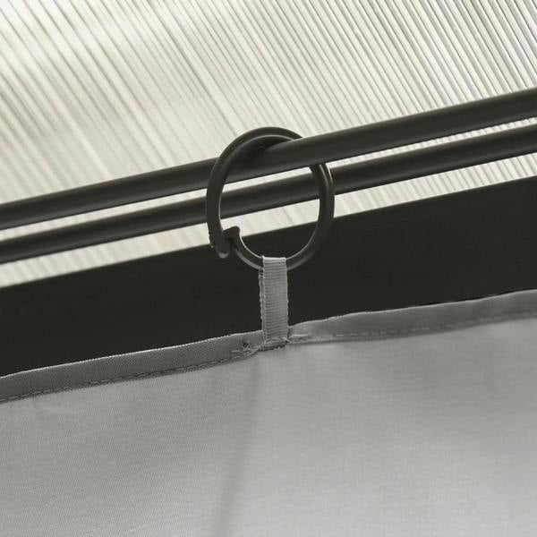 Light grey gazebo wall attached with a black C ring to the roof beam