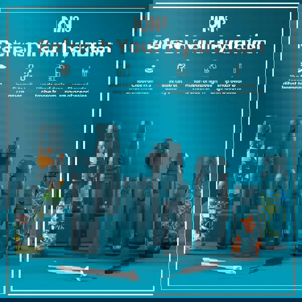 Several teal water bottles, various sizes and designs, are displayed on a teal surface; some feature child-friendly illustrations. Choose from 3 different materials. Sizes to suit any user. Hundreds of designs to choose from. Shop our wide range of accessories.