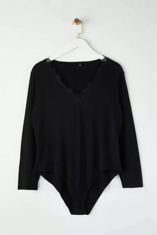 WOVCOR V-Neck Knitted Plus Size Bodysuit with Lace Detail and Snap Button Closure